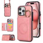 For iPhone 16 Pro Max Car Magnetic Ring Buckle Card Bag Phone Case with Lanyard(Pink)