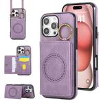For iPhone 16 Pro Max Car Magnetic Ring Buckle Card Bag Phone Case with Lanyard(Purple)