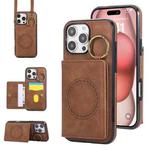 For iPhone 16 Pro Max Car Magnetic Ring Buckle Card Bag Phone Case with Lanyard(Brown)