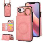 For iPhone 16e Car Magnetic Ring Buckle Card Bag Phone Case with Lanyard(Pink)
