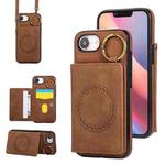 For iPhone 16e Car Magnetic Ring Buckle Card Bag Phone Case with Lanyard(Brown)