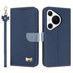 For Huawei Pura 70 Pro Metal Bow Leather Phone Case with Hand Strap(Dark Blue)