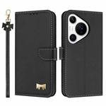 For Huawei Pura 70 Pro Metal Bow Leather Phone Case with Hand Strap(Black)