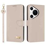 For Huawei Pura 70 Pro Metal Bow Leather Phone Case with Hand Strap(Apricot)