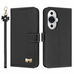 For Huawei nova 12s 4G Global Metal Bow Leather Phone Case with Hand Strap(Black)