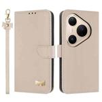 For Huawei Pura 80 5G Metal Bow Leather Phone Case with Hand Strap(Apricot)
