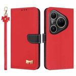 For Huawei Pura 80 Ultra 5G Metal Bow Leather Phone Case with Hand Strap(Red)