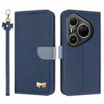 For Huawei Pura 80 Ultra 5G Metal Bow Leather Phone Case with Hand Strap(Dark Blue)