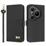 For Huawei Pura 80 Ultra 5G Metal Bow Leather Phone Case with Hand Strap(Black)