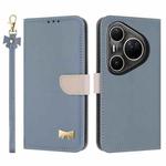 For Huawei Pura 80 Ultra 5G Metal Bow Leather Phone Case with Hand Strap(Light Blue)