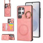 For Samsung Galaxy S25 Ultra 5G Car Magnetic Ring Buckle Card Bag Phone Case with Lanyard(Pink)