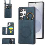 For Samsung Galaxy S25 Ultra 5G Car Magnetic Ring Buckle Card Bag Phone Case with Lanyard(Green)