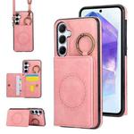 For Samsung Galaxy A55 5G Car Magnetic Ring Buckle Card Bag Phone Case with Lanyard(Pink)