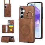 For Samsung Galaxy A55 5G Car Magnetic Ring Buckle Card Bag Phone Case with Lanyard(Brown)