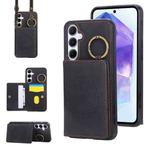 For Samsung Galaxy A55 5G Car Magnetic Ring Buckle Card Bag Phone Case with Lanyard(Black)