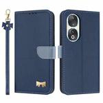 For Honor 90 5G Metal Bow Leather Phone Case with Hand Strap(Dark Blue)