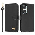 For Honor 90 5G Metal Bow Leather Phone Case with Hand Strap(Black)