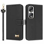 For Honor 90 Pro 5G Metal Bow Leather Phone Case with Hand Strap(Black)