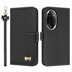 For Honor 100 Pro 5G Metal Bow Leather Phone Case with Hand Strap(Black)