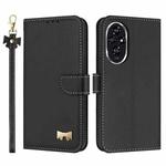 For Honor 200 Metal Bow Leather Phone Case with Hand Strap(Black)