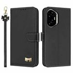 For Honor 300 5G Metal Bow Leather Phone Case with Hand Strap(Black)