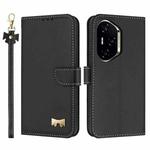 For Honor 300 Pro 5G / 300 Ultra 5G Metal Bow Leather Phone Case with Hand Strap(Black)