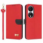 For Honor X7b 5G Global Metal Bow Leather Phone Case with Hand Strap(Red)