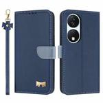 For Honor X7b 5G Global Metal Bow Leather Phone Case with Hand Strap(Dark Blue)
