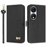 For Honor X7b 5G Global Metal Bow Leather Phone Case with Hand Strap(Black)