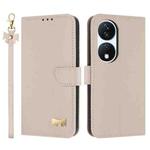 For Honor X7b 5G Global Metal Bow Leather Phone Case with Hand Strap(Apricot)