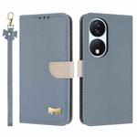 For Honor X7b 5G Global Metal Bow Leather Phone Case with Hand Strap(Light Blue)