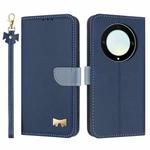 For Honor X9a 5G Metal Bow Leather Phone Case with Hand Strap(Dark Blue)