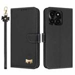For Honor X6c 4G Metal Bow Leather Phone Case with Hand Strap(Black)