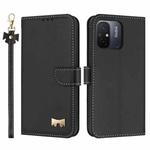 For Redmi 11A / 12C Metal Bow Leather Phone Case with Hand Strap(Black)