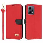 For Redmi Note 12 Pro 5G Metal Bow Leather Phone Case with Hand Strap(Red)