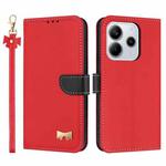 For Redmi Note 14 4G 164.84mm Metal Bow Leather Phone Case with Hand Strap(Red)