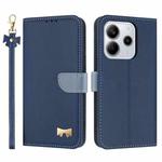 For Redmi Note 14 5G Metal Bow Leather Phone Case with Hand Strap(Dark Blue)