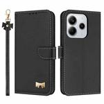 For Redmi Note 14 5G Metal Bow Leather Phone Case with Hand Strap(Black)