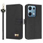 For Redmi Note 14S 4G Metal Bow Leather Phone Case with Hand Strap(Black)