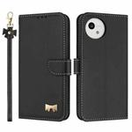 For Sharp Aquos wish5 Metal Bow Leather Phone Case with Hand Strap(Black)