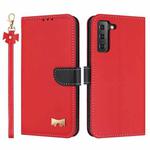 For Samsung Galaxy S22 5G Metal Bow Leather Phone Case with Hand Strap(Red)