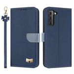 For Samsung Galaxy S22 5G Metal Bow Leather Phone Case with Hand Strap(Dark Blue)
