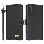 For Samsung Galaxy S22 5G Metal Bow Leather Phone Case with Hand Strap(Black)