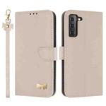 For Samsung Galaxy S22 5G Metal Bow Leather Phone Case with Hand Strap(Apricot)