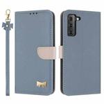 For Samsung Galaxy S22 5G Metal Bow Leather Phone Case with Hand Strap(Light Blue)