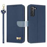 For Samsung Galaxy S22+ 5G Metal Bow Leather Phone Case with Hand Strap(Dark Blue)