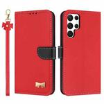 For Samsung Galaxy S23 Ultra 5G Metal Bow Leather Phone Case with Hand Strap(Red)