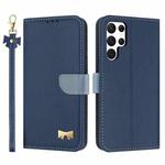 For Samsung Galaxy S23 Ultra 5G Metal Bow Leather Phone Case with Hand Strap(Dark Blue)