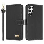 For Samsung Galaxy S23 Ultra 5G Metal Bow Leather Phone Case with Hand Strap(Black)