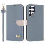 For Samsung Galaxy S23 Ultra 5G Metal Bow Leather Phone Case with Hand Strap(Light Blue)